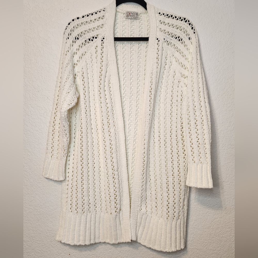 Poof Apparel‎ Open Front Chanelle Light-Weight Creamy White Longer Cardigan, L